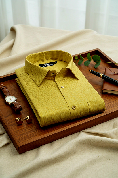 Teal Jacquard Dimond Pattern Cotton Shirt Honey Yellow Colour