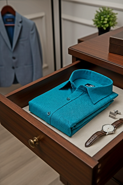 Teal Jacquard Dimond Pattern Cotton Shirt Blue Green Tons Color