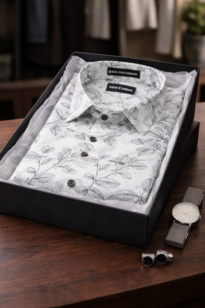 Linen Botanical Leaf Print White Bsse Light Sage Green