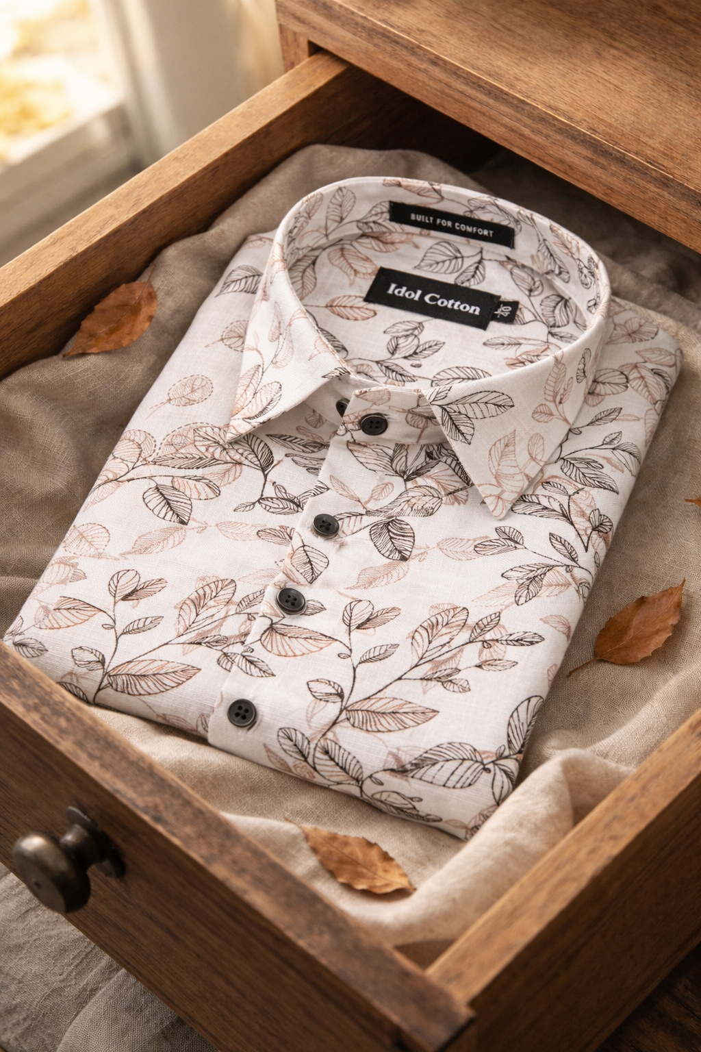 Linen Botanical Leaf Print White Base With Black