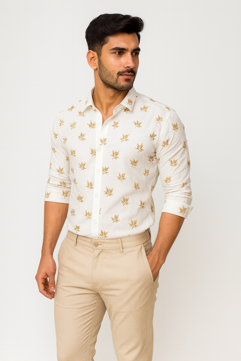Turkey Linen White with Mustard-Coloured Botanical Leaf Print