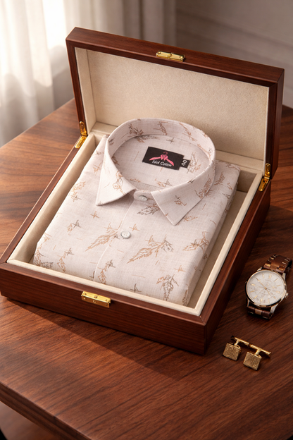 Linen Cotton White with Camel Brown Leaf Sketch Print Men’s Shirt