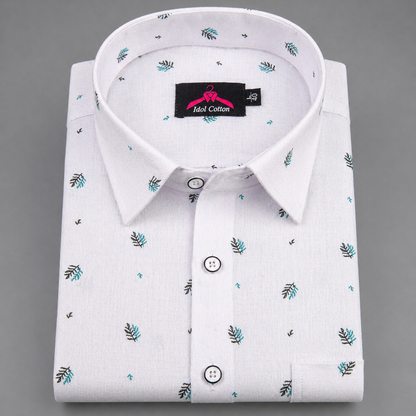 Linen Cotton White with Teal Green & Cool Green Micro Leaf Print Men’s Shirt