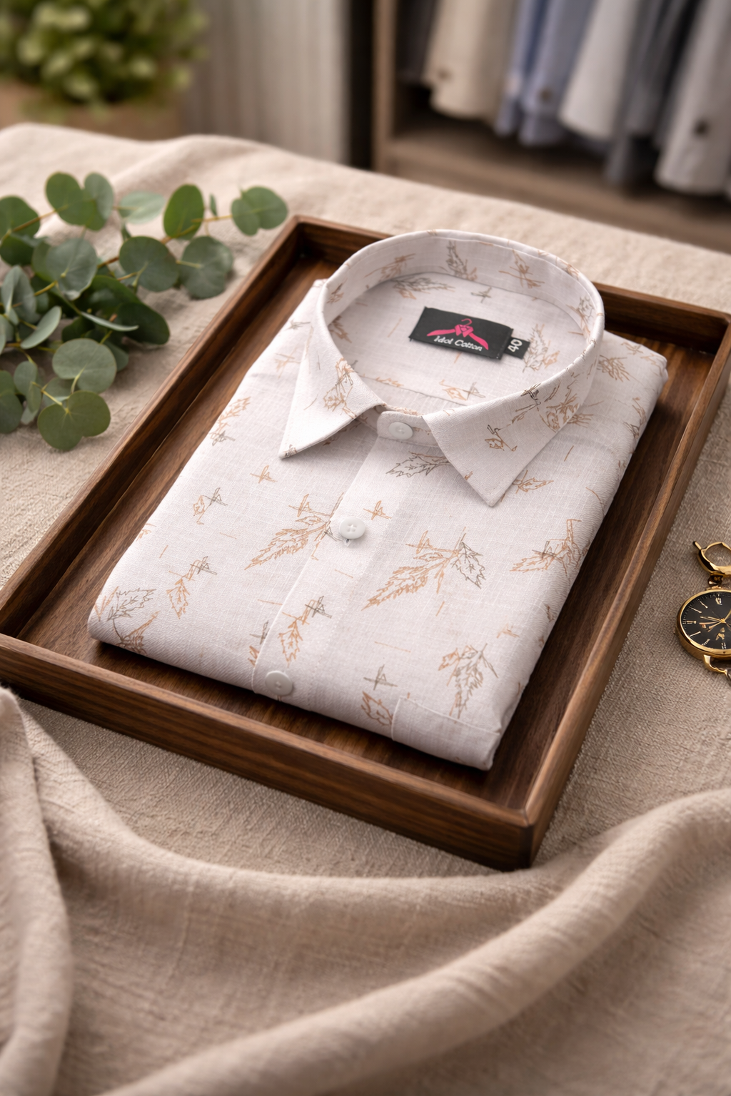Linen Cotton White with Camel Brown Leaf Sketch Print Men’s Shirt