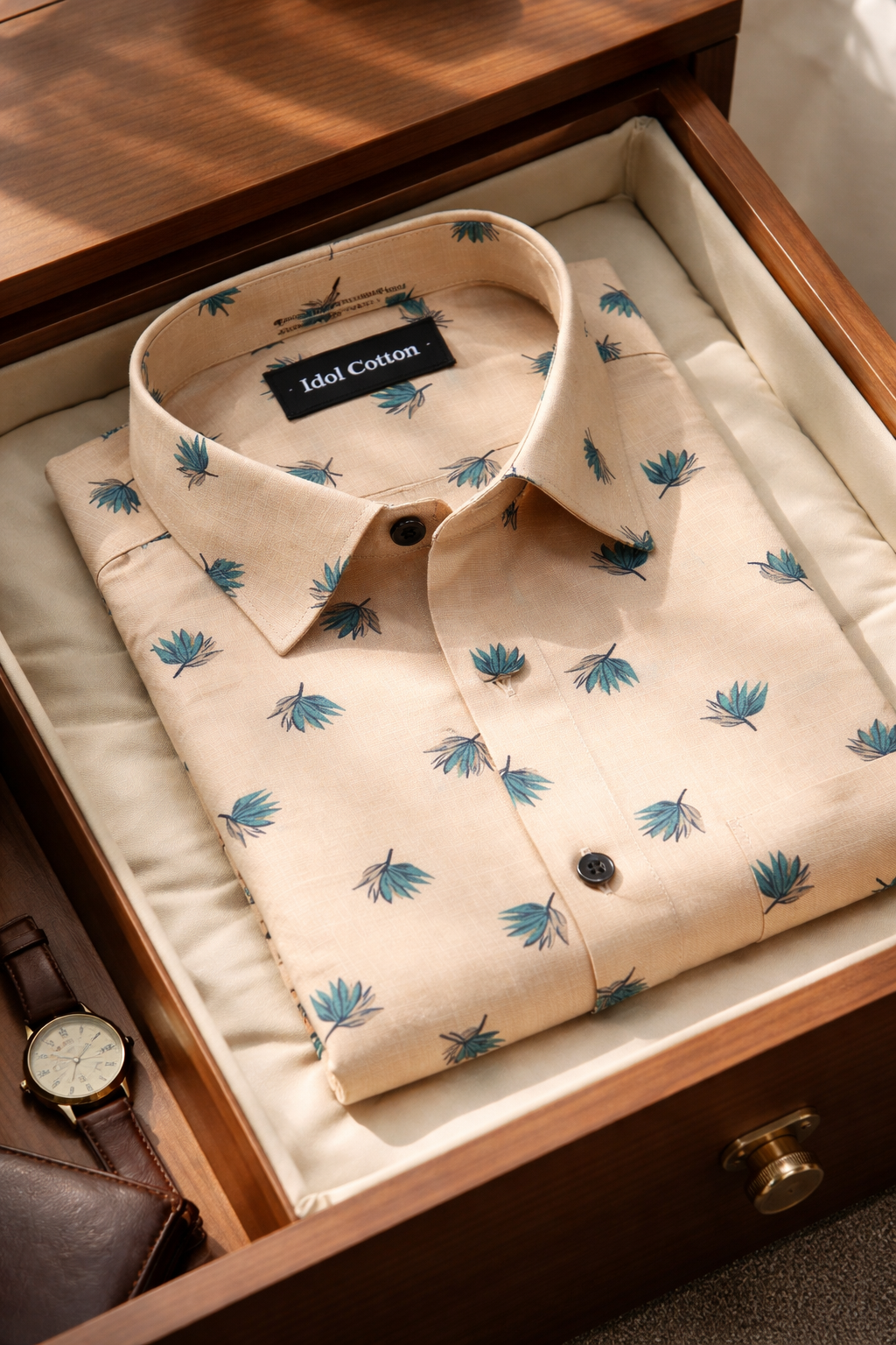 Linen Green And Teal Leaf Print Peach Orange Background 