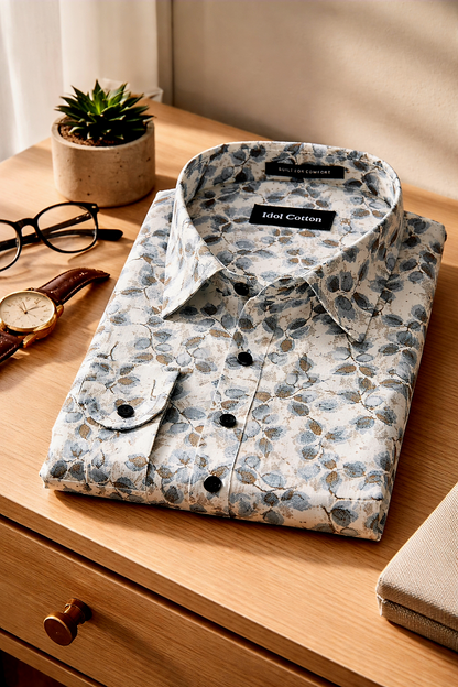 Linen All Over Leafy Vine Print Cream Base Blue And Brown Leaves