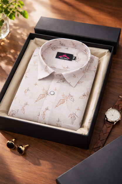 Linen Cotton White with Camel Brown Leaf Sketch Print Men’s Shirt