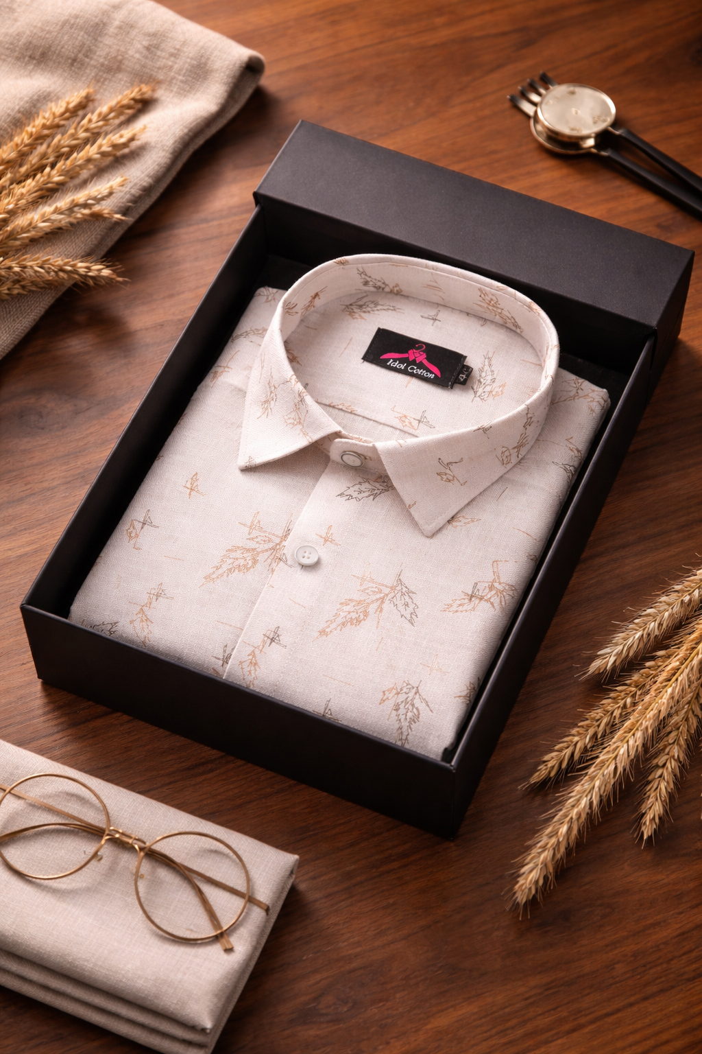 Linen Cotton White with Camel Brown Leaf Sketch Print Men’s Shirt