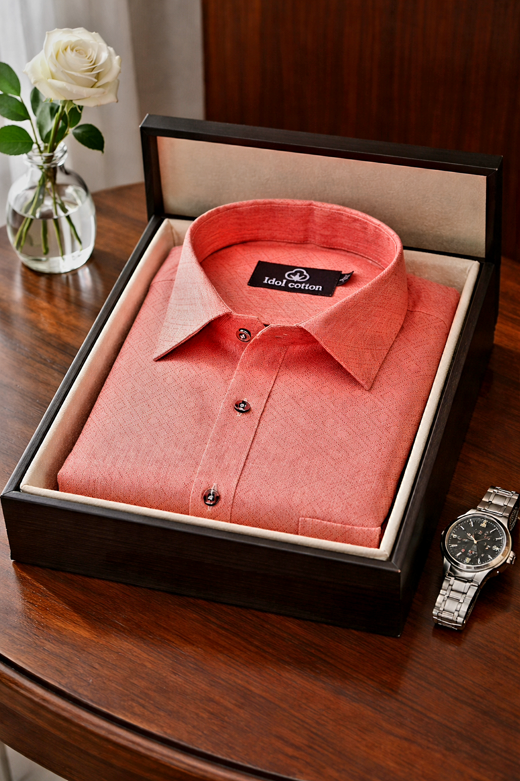 Teal Jacquard Dimond Pattern Cotton Shirt Salmon Pink Colour