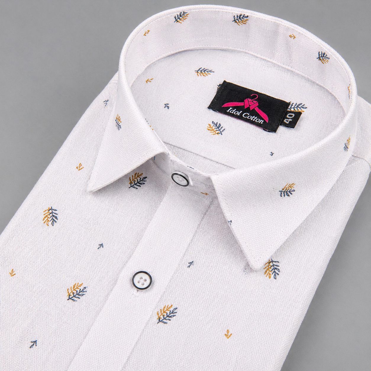 Linen Cotton White with Mustard Yellow & Navy Blue Micro Leaf Print Men’s Shirt