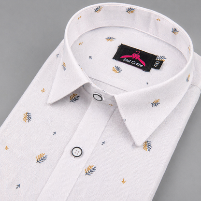 Linen Cotton White with Mustard Yellow & Navy Blue Micro Leaf Print Men’s Shirt