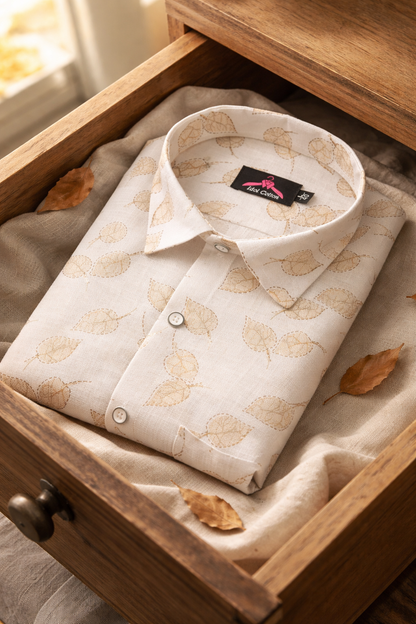 Linen Cotton White with Light Brown Leaf Outline Print Men’s Shirt