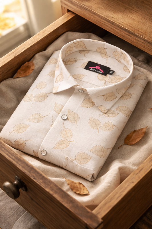 Linen Cotton White with Light Brown Leaf Outline Print Men’s Shirt