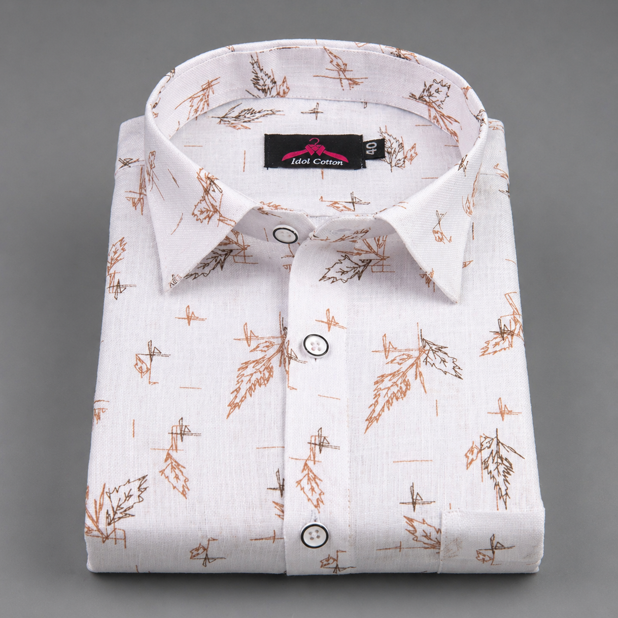 Linen Cotton White with Camel Brown Leaf Sketch Print Men’s Shirt