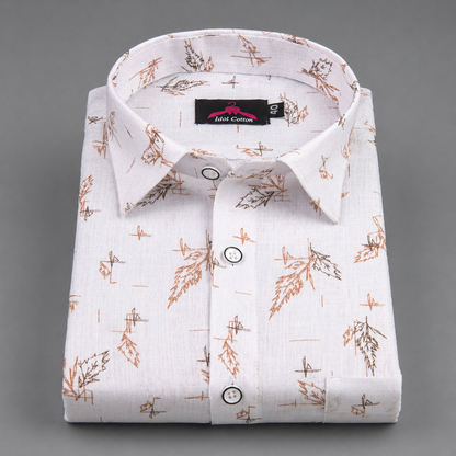 Linen Cotton White with Camel Brown Leaf Sketch Print Men’s Shirt