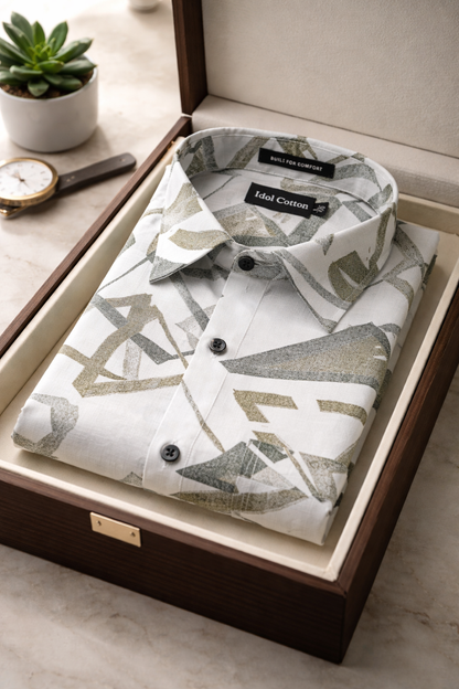 Linen Brushstoke Print White Base With Olive Green