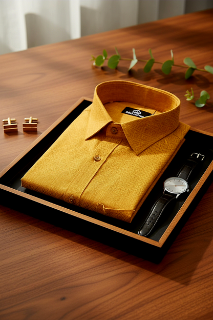 Teal Jacquard Dimond Pattern Cotton Shirt Mustrud yellow Colour