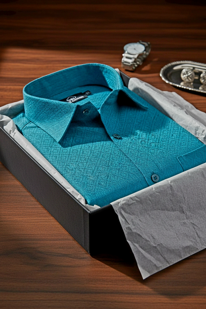 Teal Jacquard Dimond Pattern Cotton Shirt Blue Green Tons Color