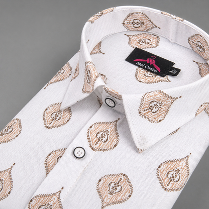 Linen Cotton White with Sand Brown Butta Print Men’s Shirt