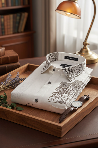 Linen Floral Block Print Cream Base With Dark Brown