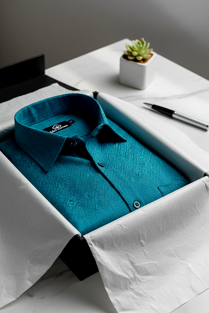 Teal Jacquard Dimond Pattern Cotton Shirt Blue Green Tons Color