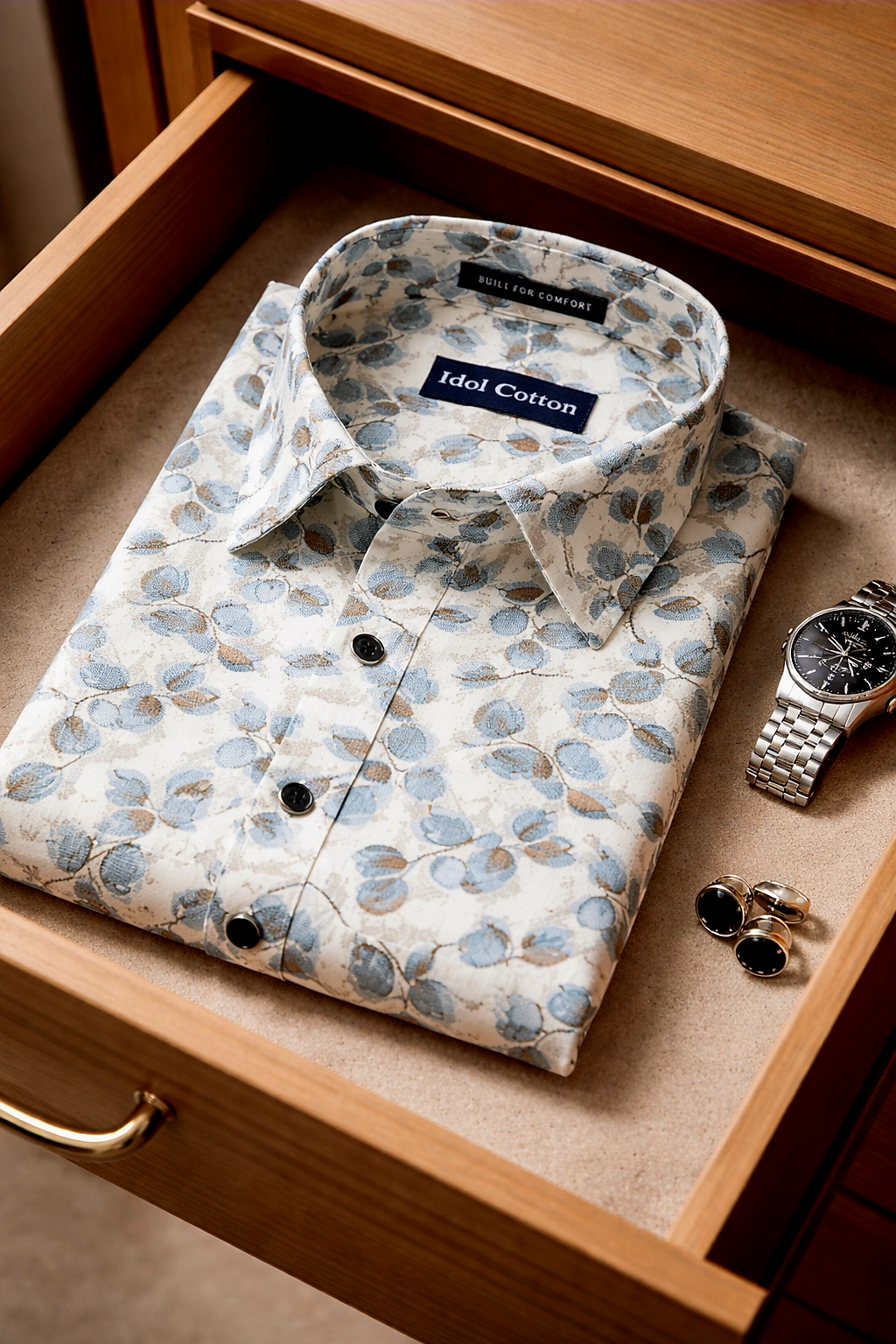 Linen All Over Leafy Vine Print Cream Base Blue And Brown Leaves