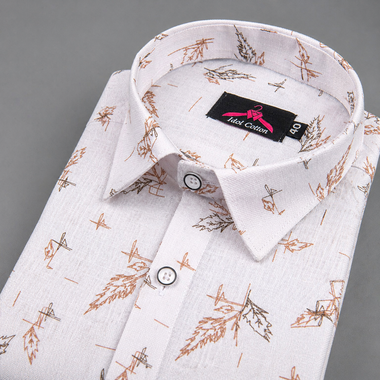 Linen Cotton White with Camel Brown Leaf Sketch Print Men’s Shirt