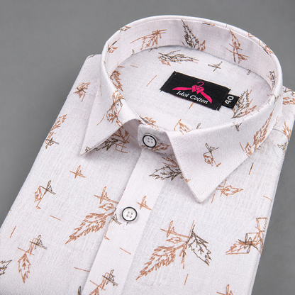 Linen Cotton White with Camel Brown Leaf Sketch Print Men’s Shirt