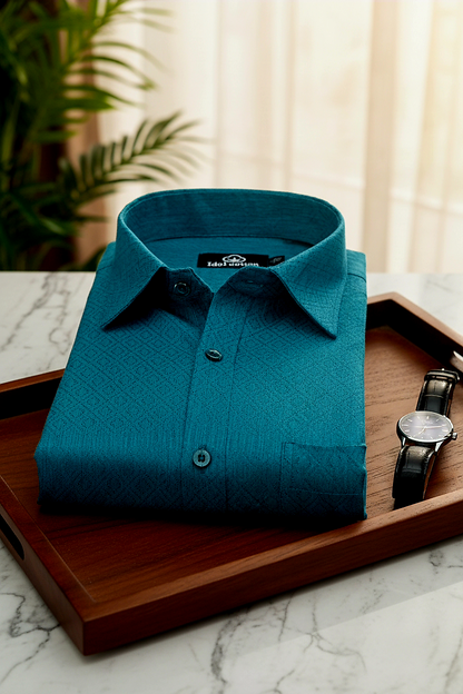 Teal Jacquard Dimond Pattern Cotton Shirt Blue Green Tons Color