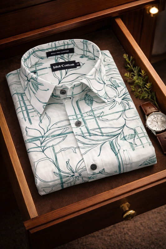 Linen Floral Line Art Print Greenish Gray