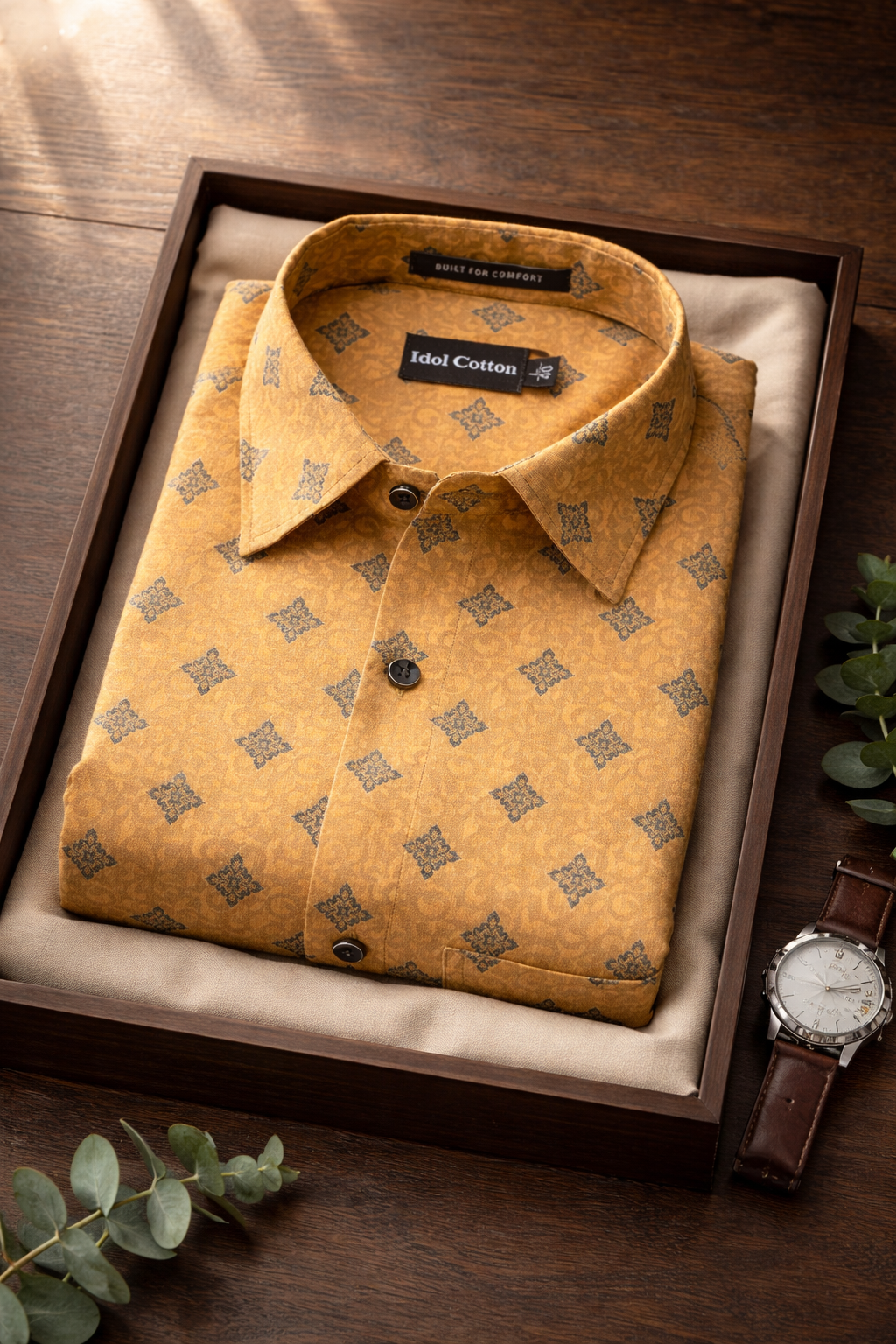 Linen Dark Blue Geometric Print Mustard Yellow Colour