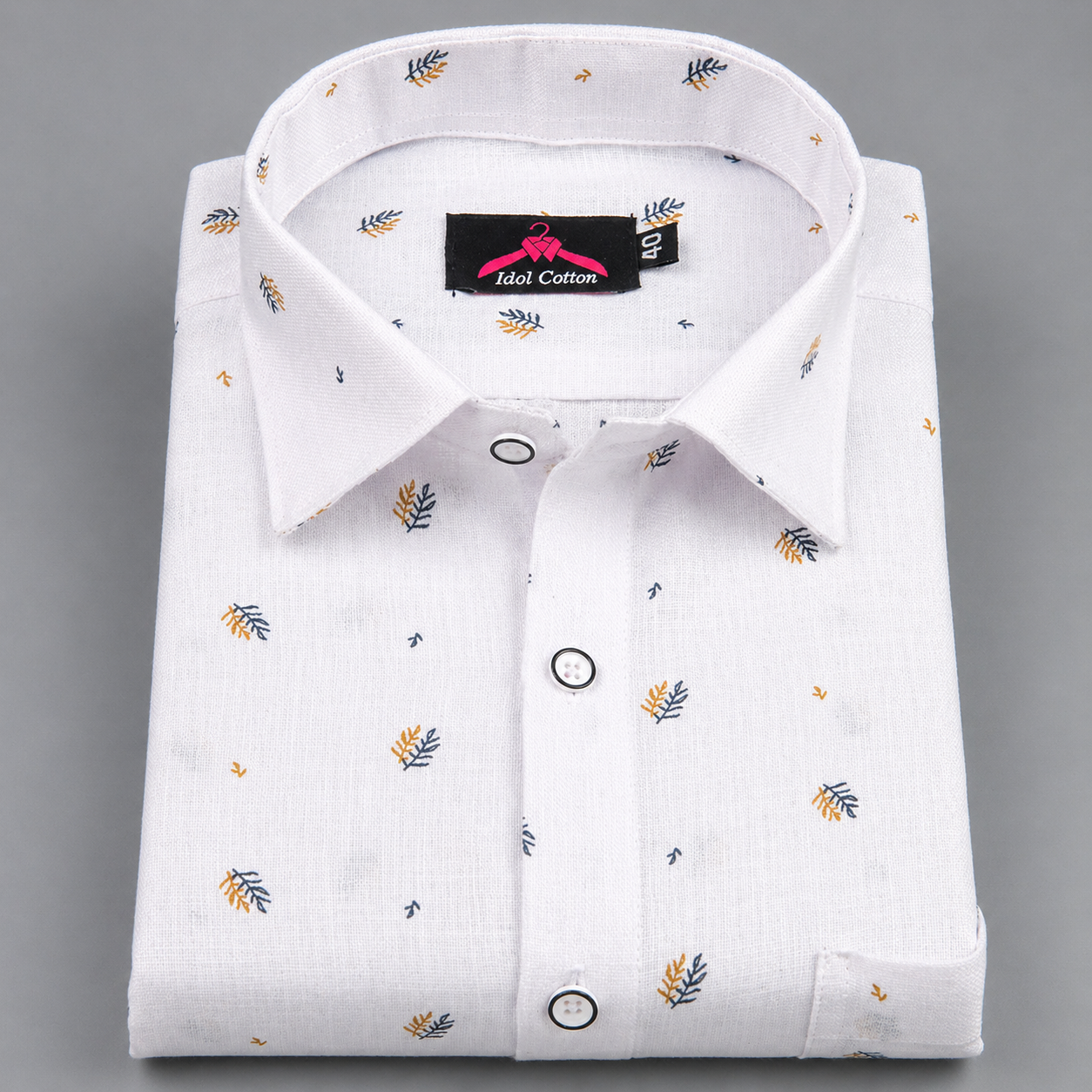 Linen Cotton White with Mustard Yellow & Navy Blue Micro Leaf Print Men’s Shirt