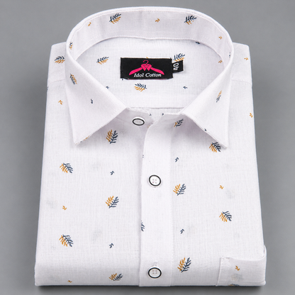 Linen Cotton White with Mustard Yellow & Navy Blue Micro Leaf Print Men’s Shirt