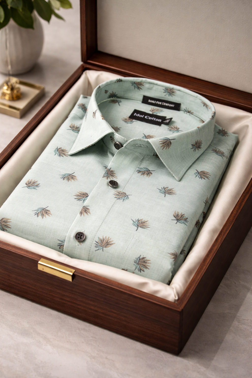 Linen Brown And Teal Leaf Print Light Green Background