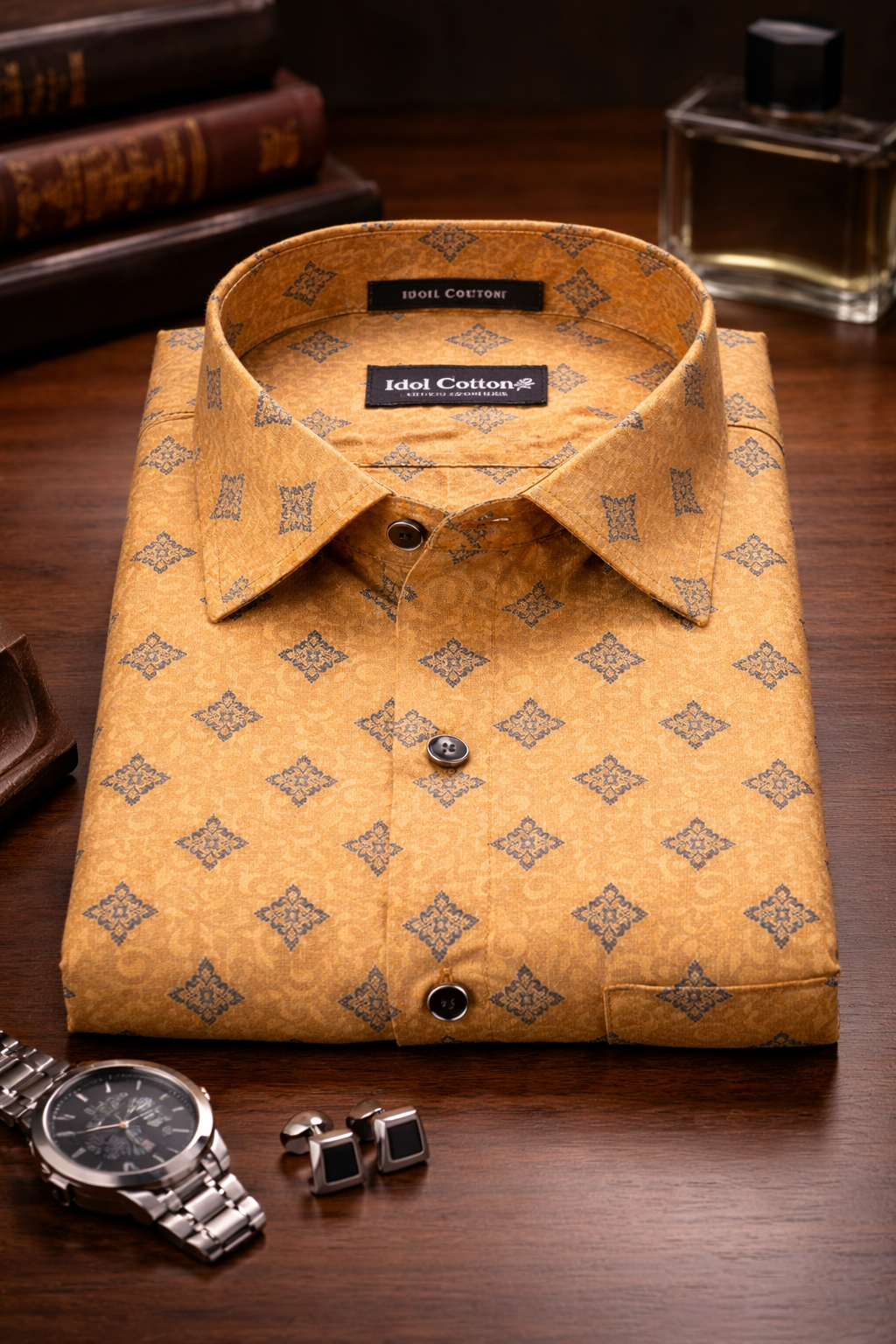 Linen Dark Blue Geometric Print Mustard Yellow Colour