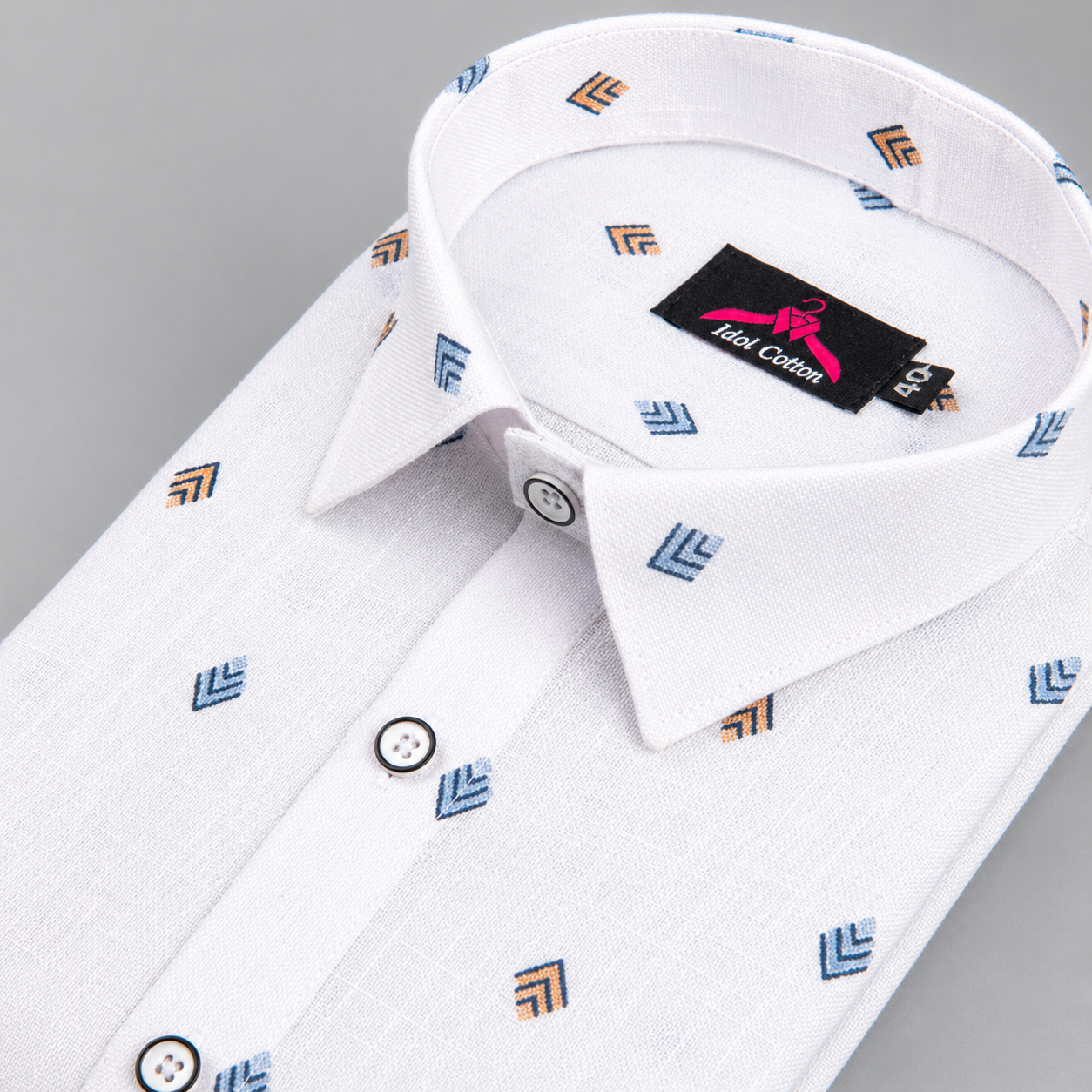 Linen Cotton White with Denim Blue & Mustard Brown Geometric Micro Print Men’s Shirt