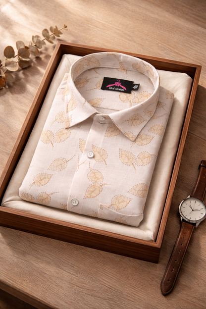 Linen Cotton White with Light Brown Leaf Outline Print Men’s Shirt