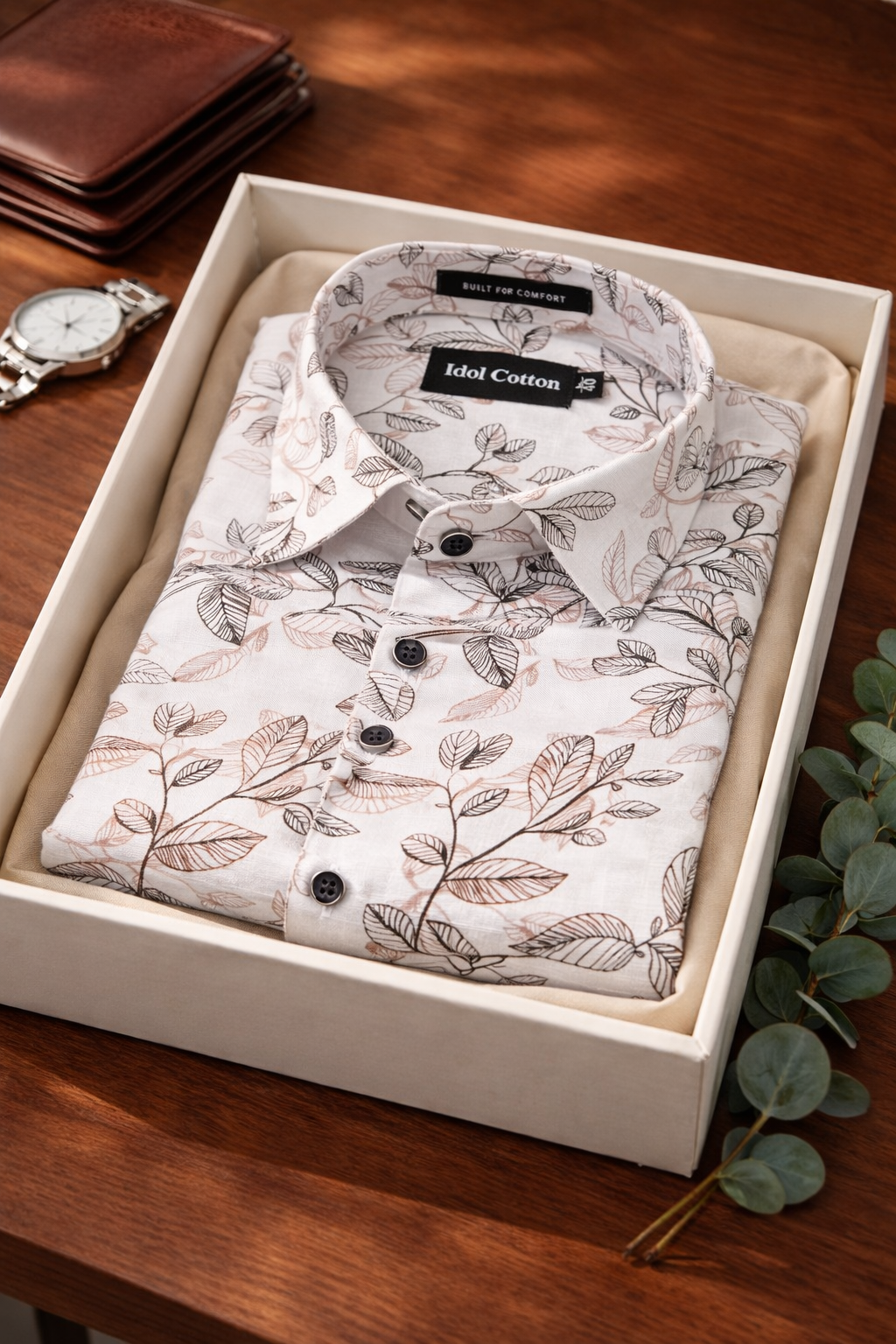 Linen Botanical Leaf Print White Base With Black