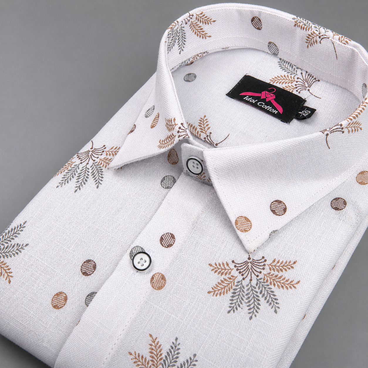 Linen Cotton White with Light Brown & Gray Leaf Dot Print Men’s Shirt