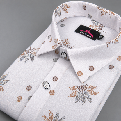 Linen Cotton White with Light Brown & Gray Leaf Dot Print Men’s Shirt