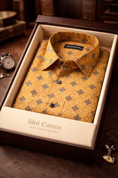 Linen Dark Blue Geometric Print Mustard Yellow Colour