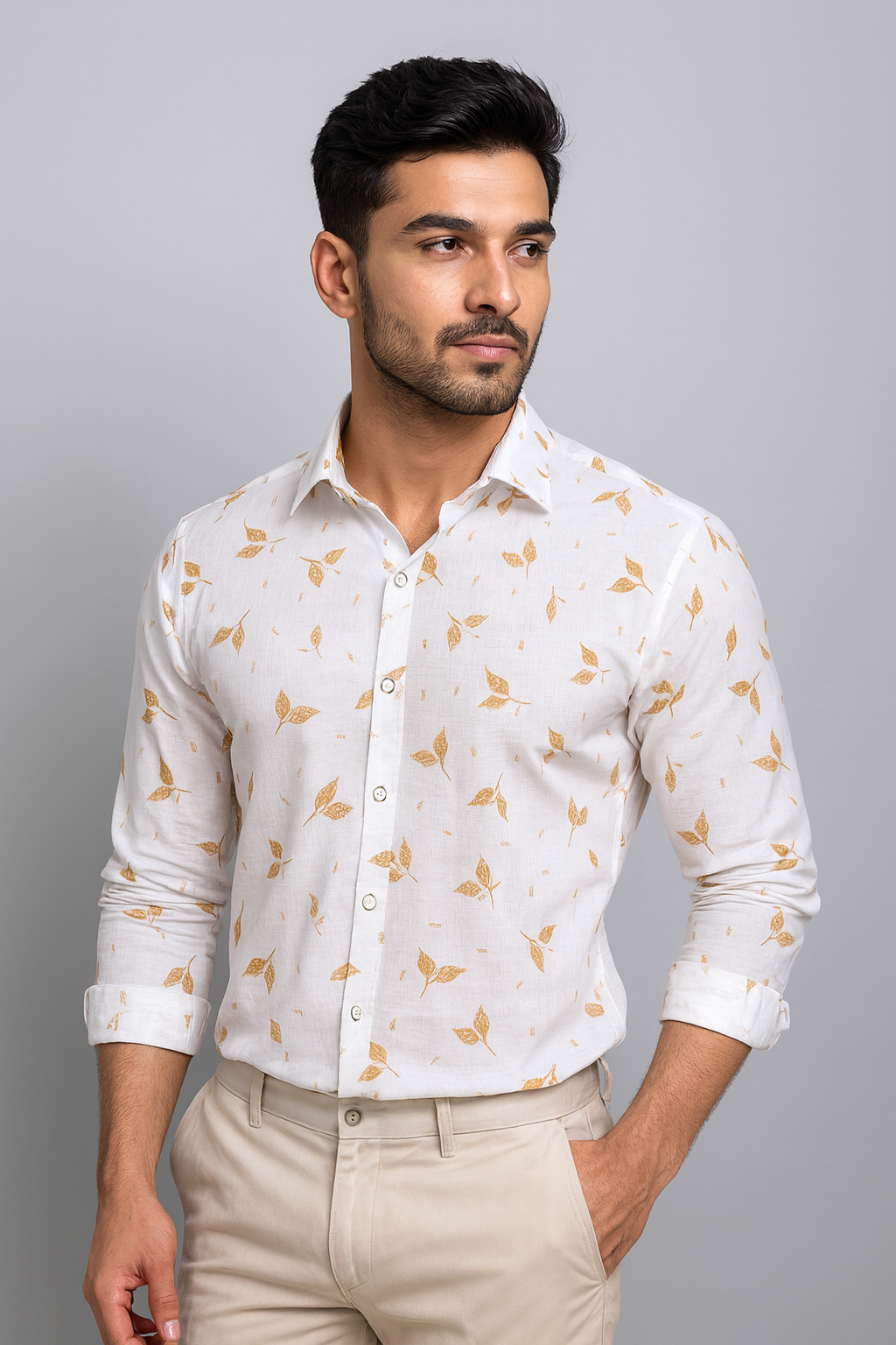 Turkey Linen White with Mustard-Coloured Botanical Leaf Print