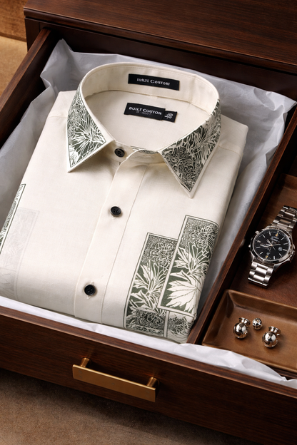 Linen Floral Block Print Cream Base With Dark Green