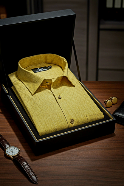 Teal Jacquard Dimond Pattern Cotton Shirt Honey Yellow Colour