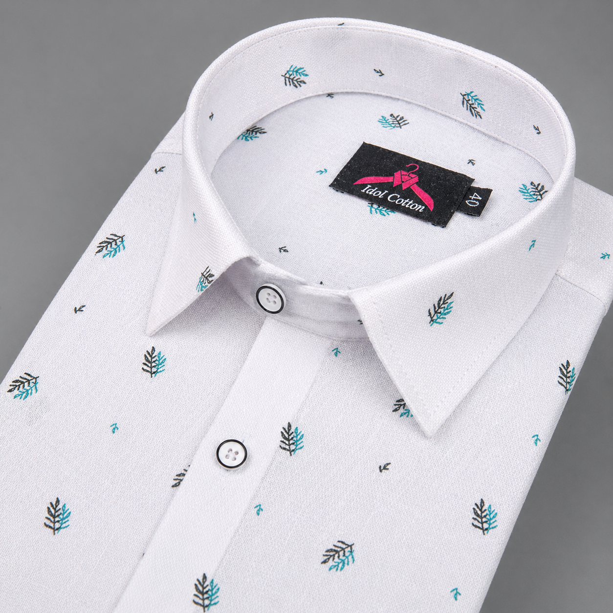 Linen Cotton White with Teal Green & Cool Green Micro Leaf Print Men’s Shirt
