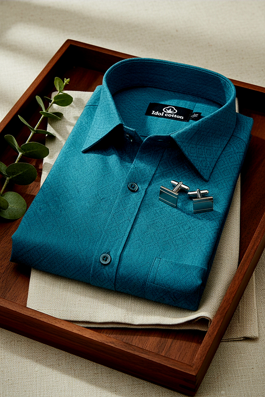 Teal Jacquard Dimond Pattern Cotton Shirt Blue Green Tons Color