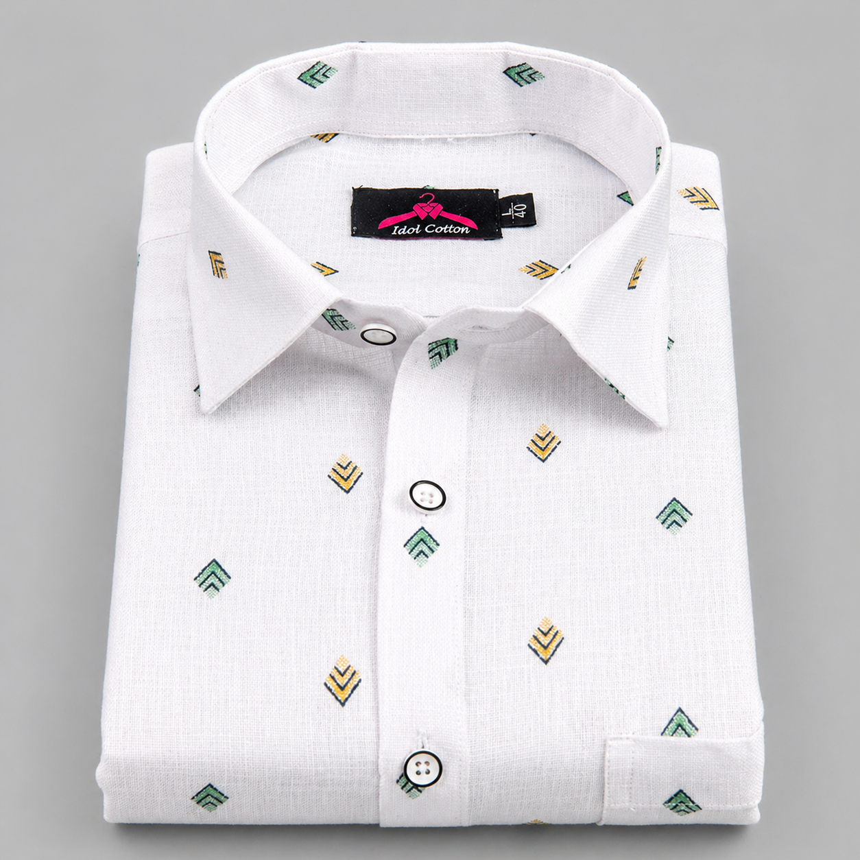 Linen Cotton White with Bottle Green & Mustard Yellow Geometric Micro Print Men’s Shirt
