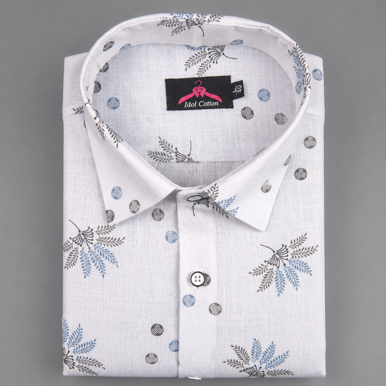 Linen Cotton White with Sky Blue & Gray Leaf Dot Print Men’s Shirt