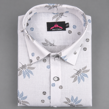 Linen Cotton White with Sky Blue & Gray Leaf Dot Print Men’s Shirt