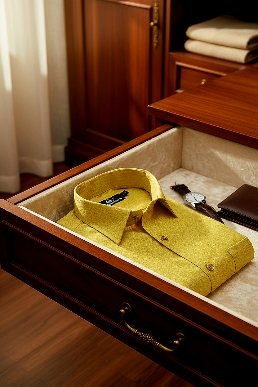 Teal Jacquard Dimond Pattern Cotton Shirt Honey Yellow Colour